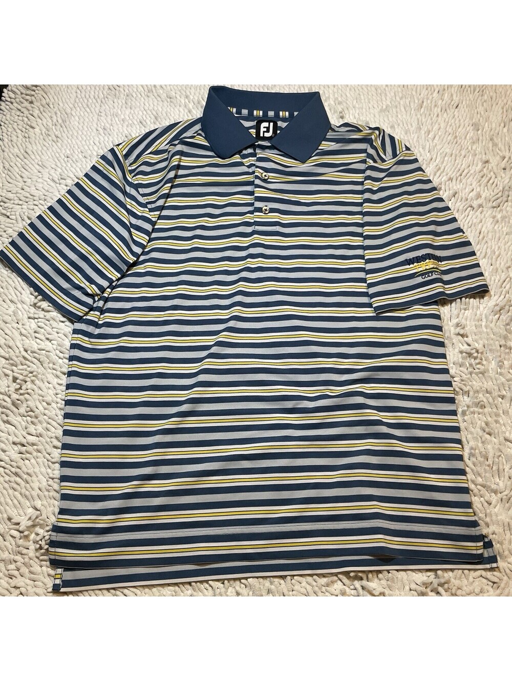 Foot Joy Polo Shirt Mens Large Blue Yellow Striped Performance Short Sleeve Golf
